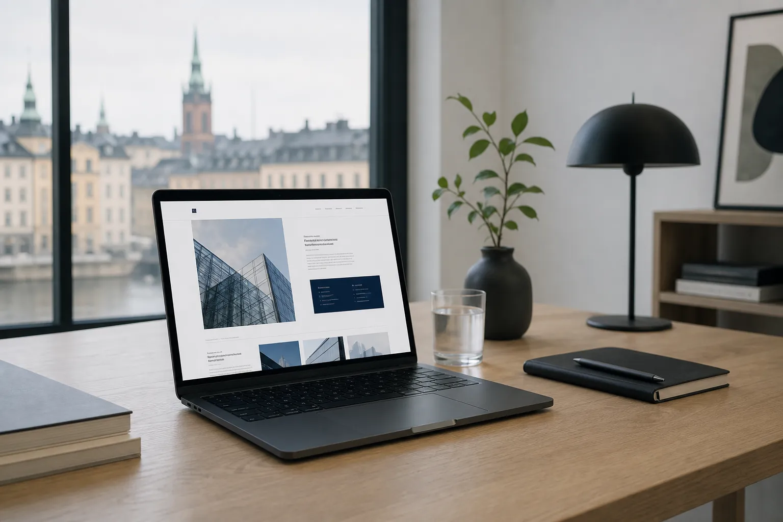 Workspace with a laptop showing a clean business website in daylight